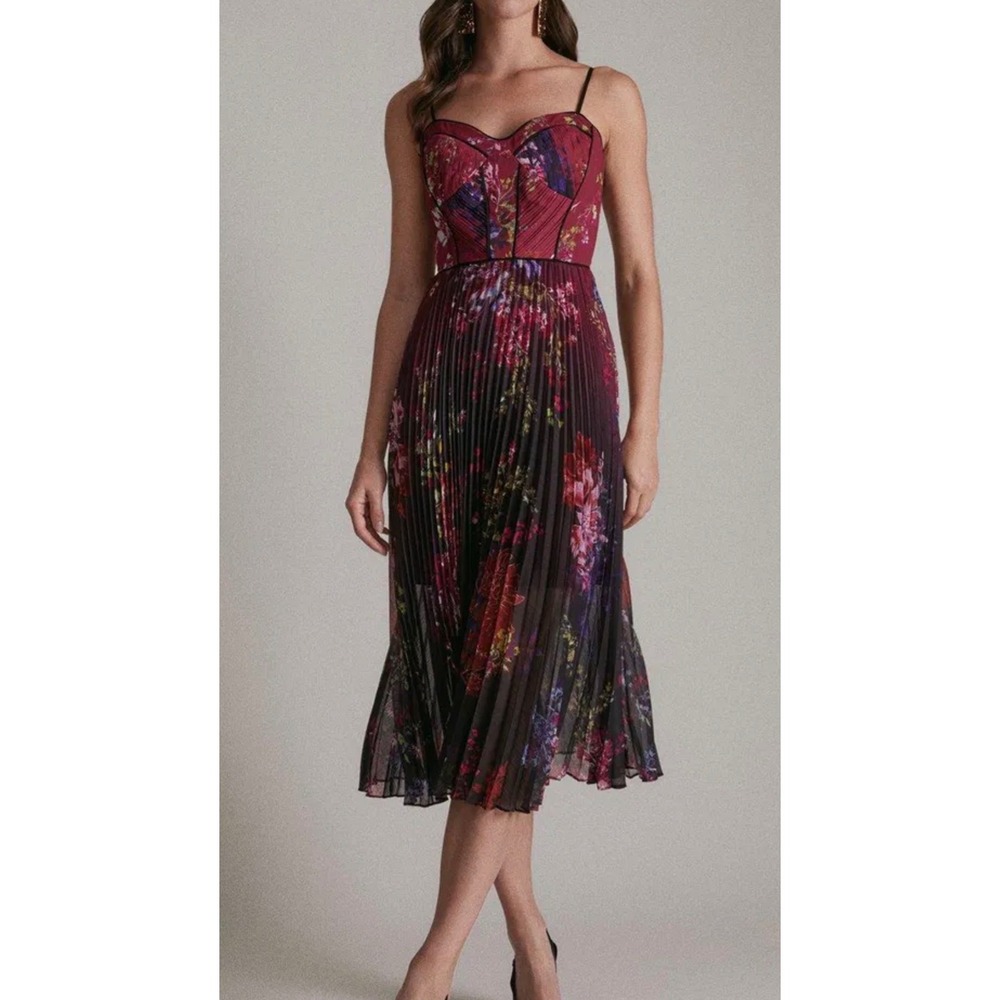 Karen Millen Floral Pleated Maxi Dress Burgundy Purple Corset 18 boho romantic